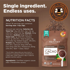 Navitas Organics cacao nibs in a bowl beside yogurt to show topping use