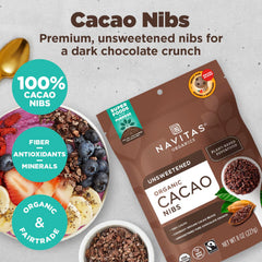 Navitas Organics close-up texture of cacao nibs highlighting crunchy dark pieces