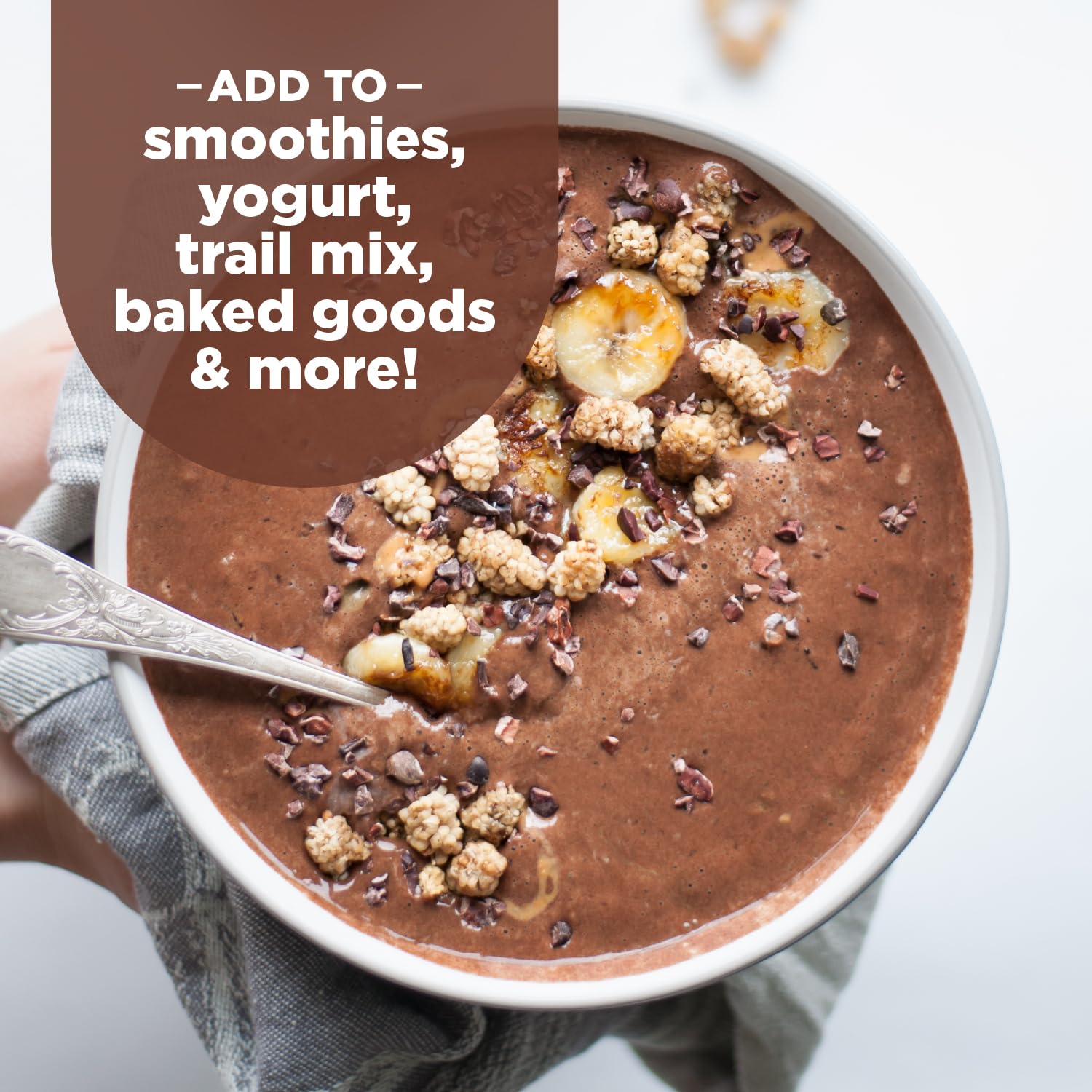 Navitas Organics cacao nibs mixed in trail mix demonstrating snack versatility