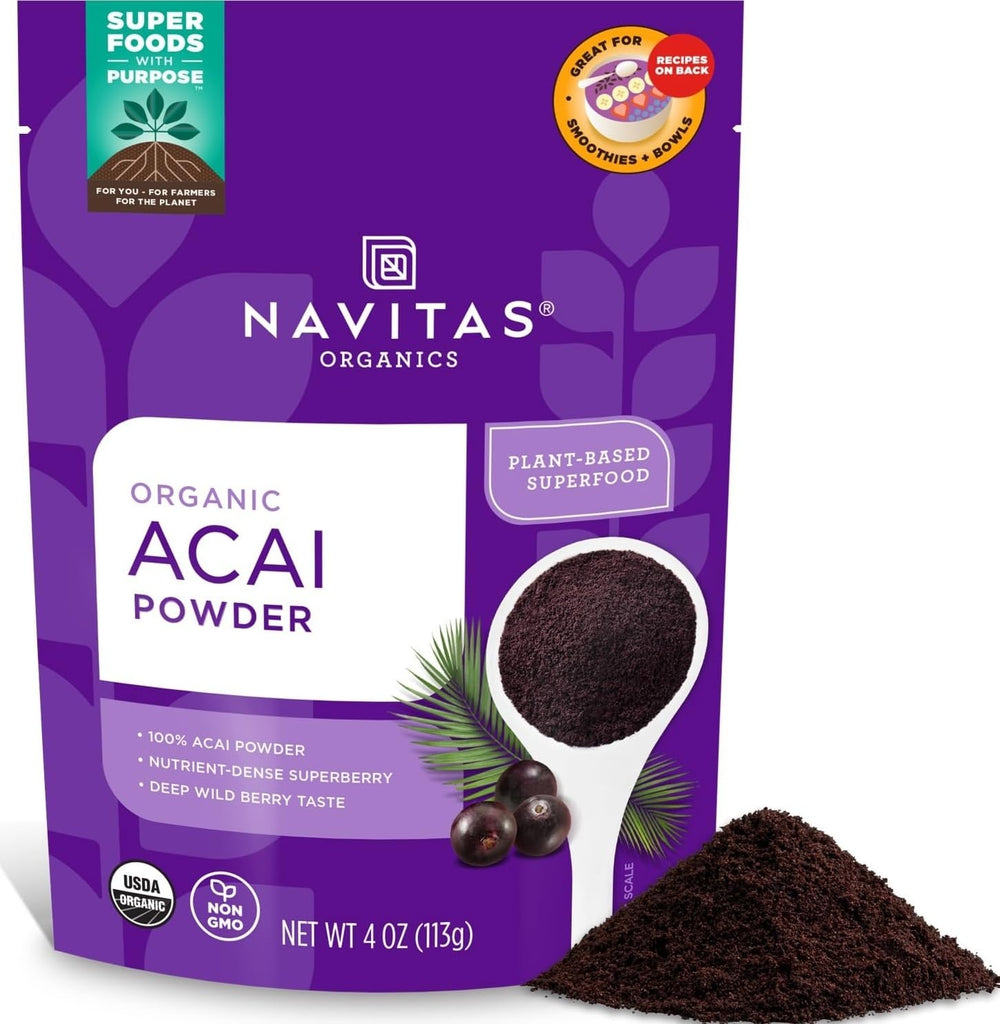 Navitas Organics pouch front showing product and resealable top benefit