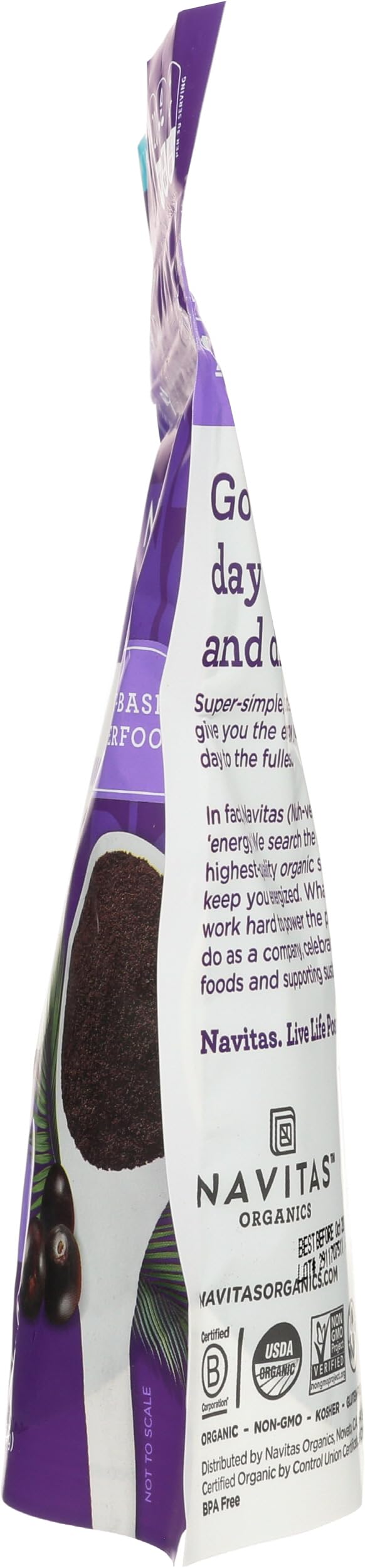 Navitas Organics pouch beside fruit to show 8 oz size and serving count