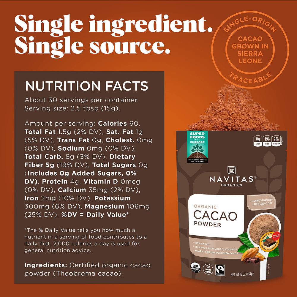 Navitas Organics bag label detail showing organic and Fair Trade certifications