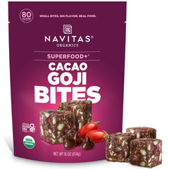Navitas Organics front packaging showing 16 oz bag and branding benefits
