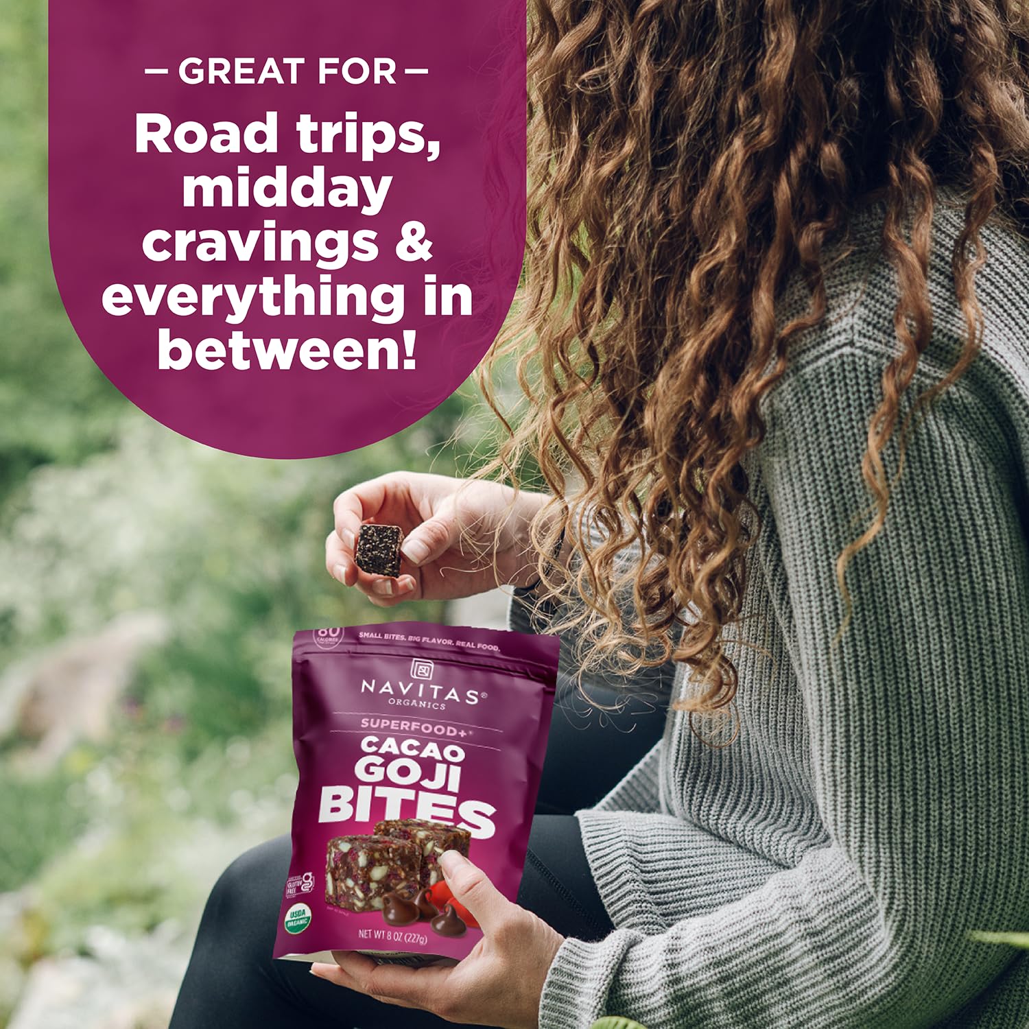 Navitas Organics handheld portion demonstrating convenient grab-and-go energy