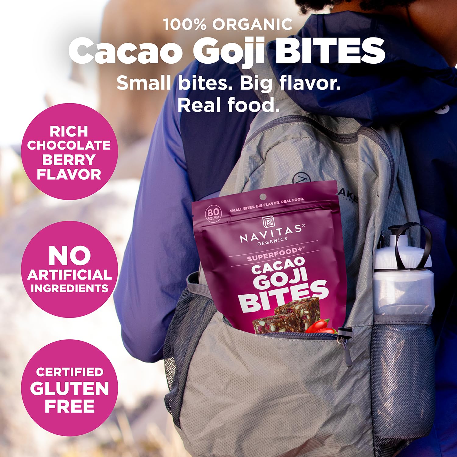 Navitas Organics ingredients spread displaying cacao, goji berries, dates and seeds