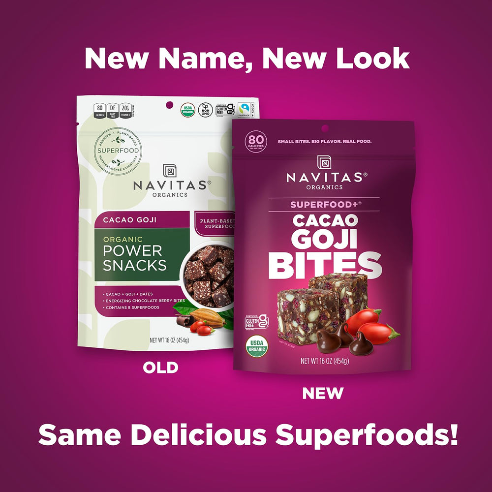 Navitas Organics open bag with visible cacao goji bites for quick access