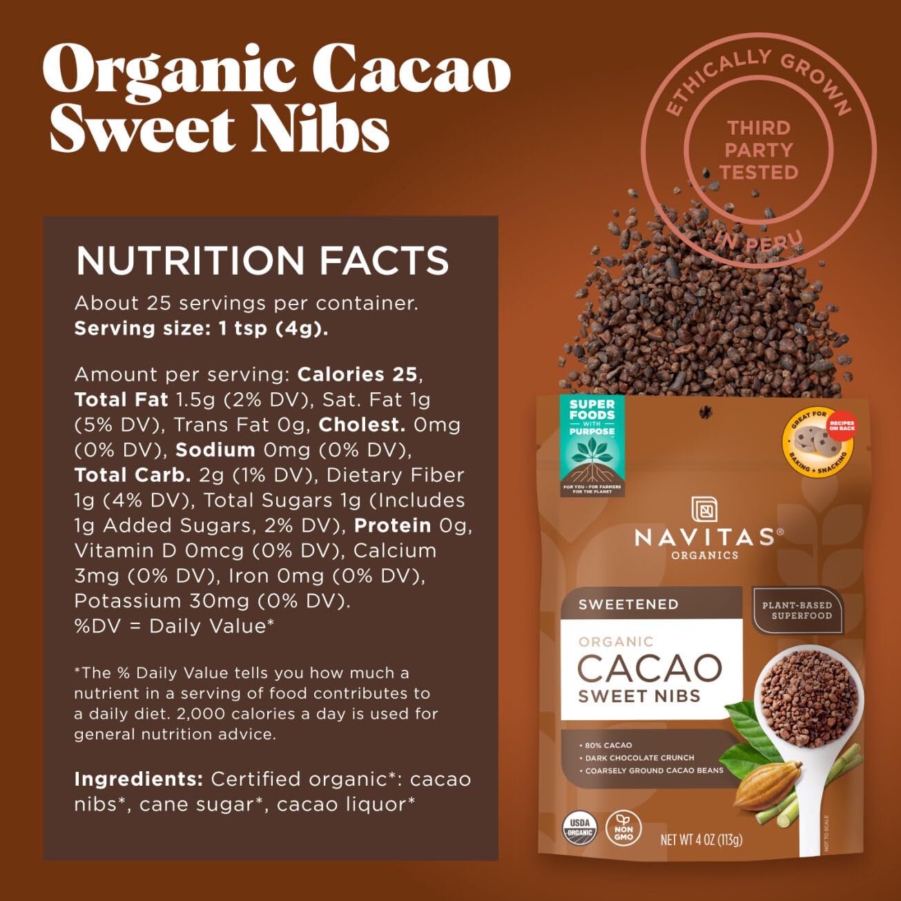 Navitas Organics close-up of cacao nibs texture highlighting crunchy flavor benefit