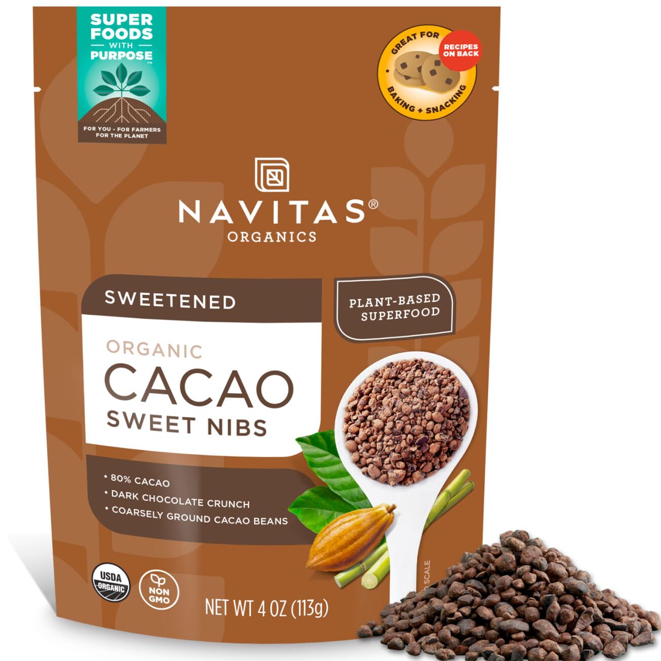 Navitas Organics front packaging showing 4 oz bag and organic badge benefits