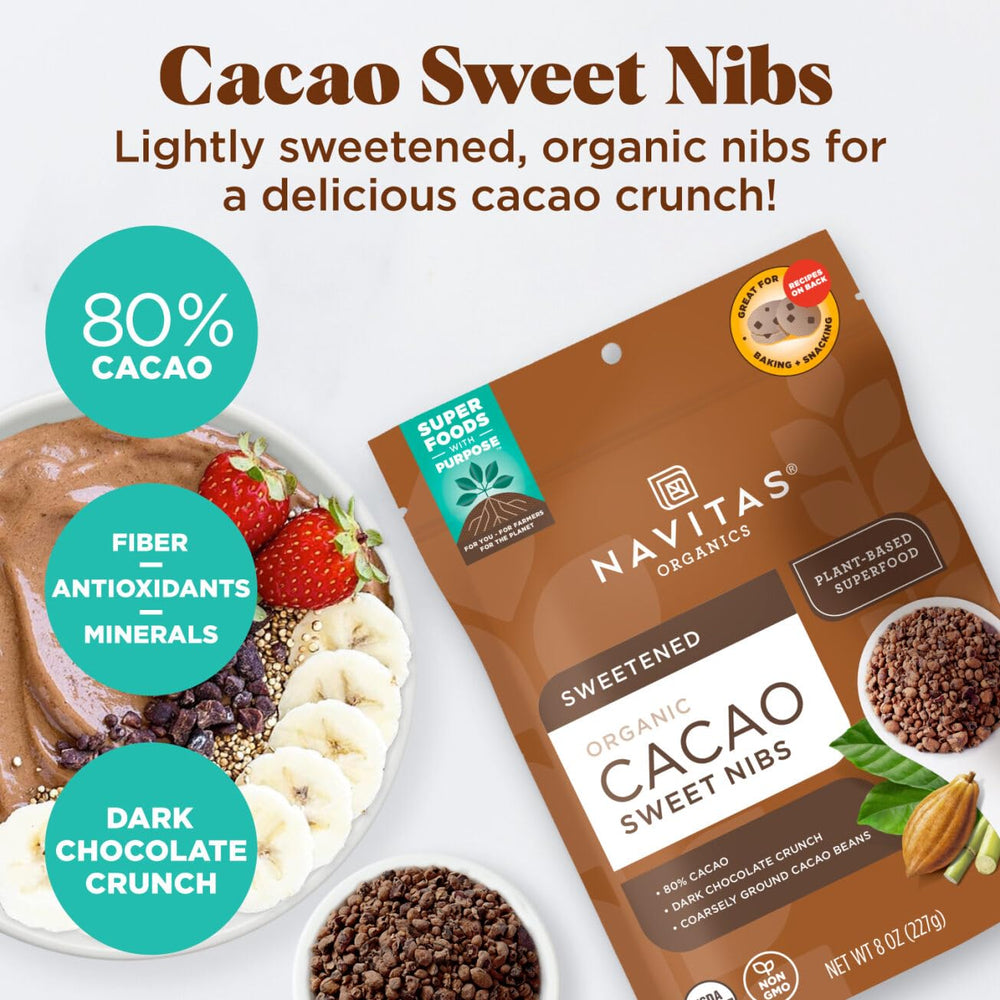 Navitas Organics cacao nibs scooped in bowl showing easy portioning benefit