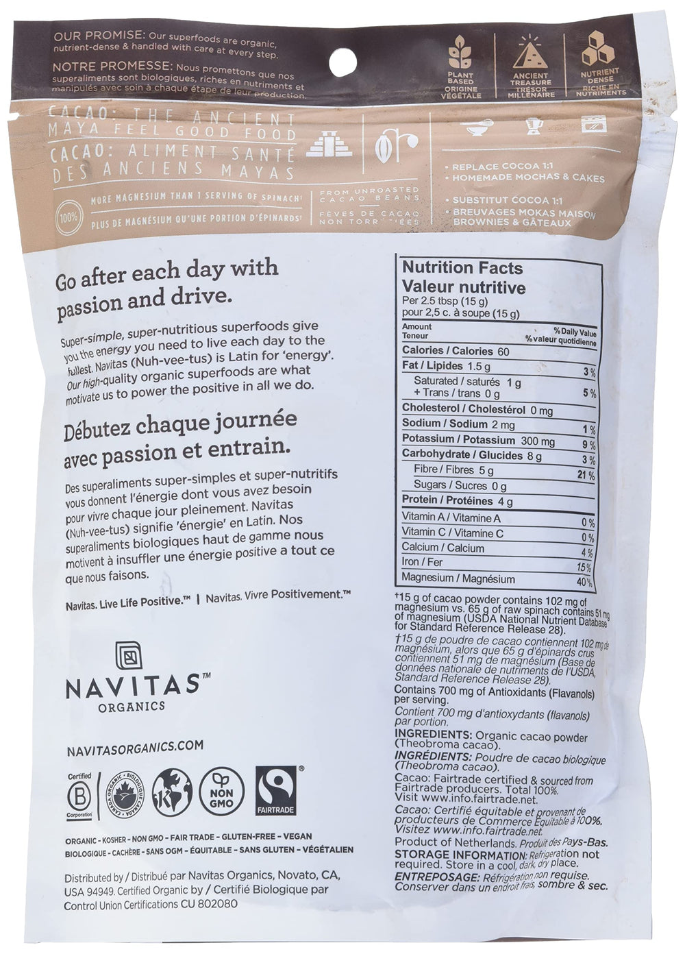 Navitas Organics cacao powder close-up texture highlighting rich color