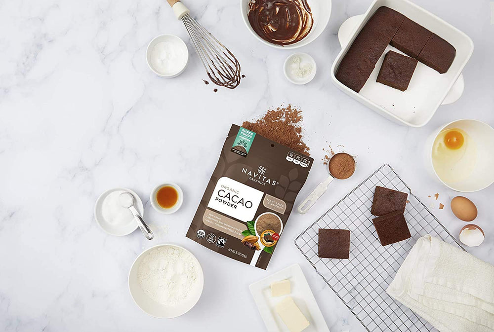 Navitas Organics cacao blended into a smoothie for antioxidant boost