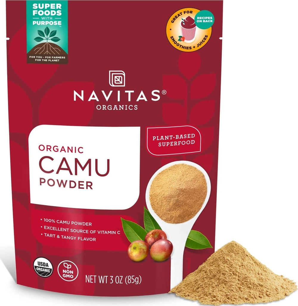 Navitas Organics camu front packaging shows organic seal and size, quick product identification