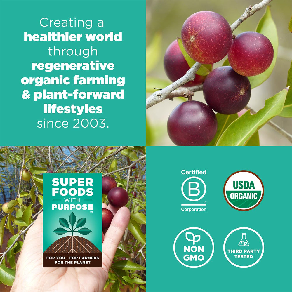 Navitas Organics camu ingredient label closeup highlighting organic, non‑GMO and no fillers