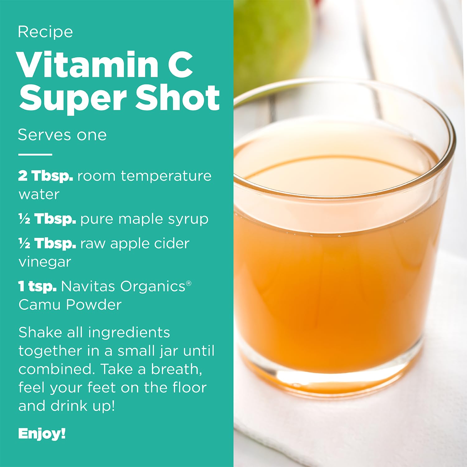 Navitas Organics camu powder on measuring spoon to illustrate recommended small serving size