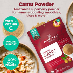 Navitas Organics camu powder close texture displaying fine red-orange powder for nutrient density