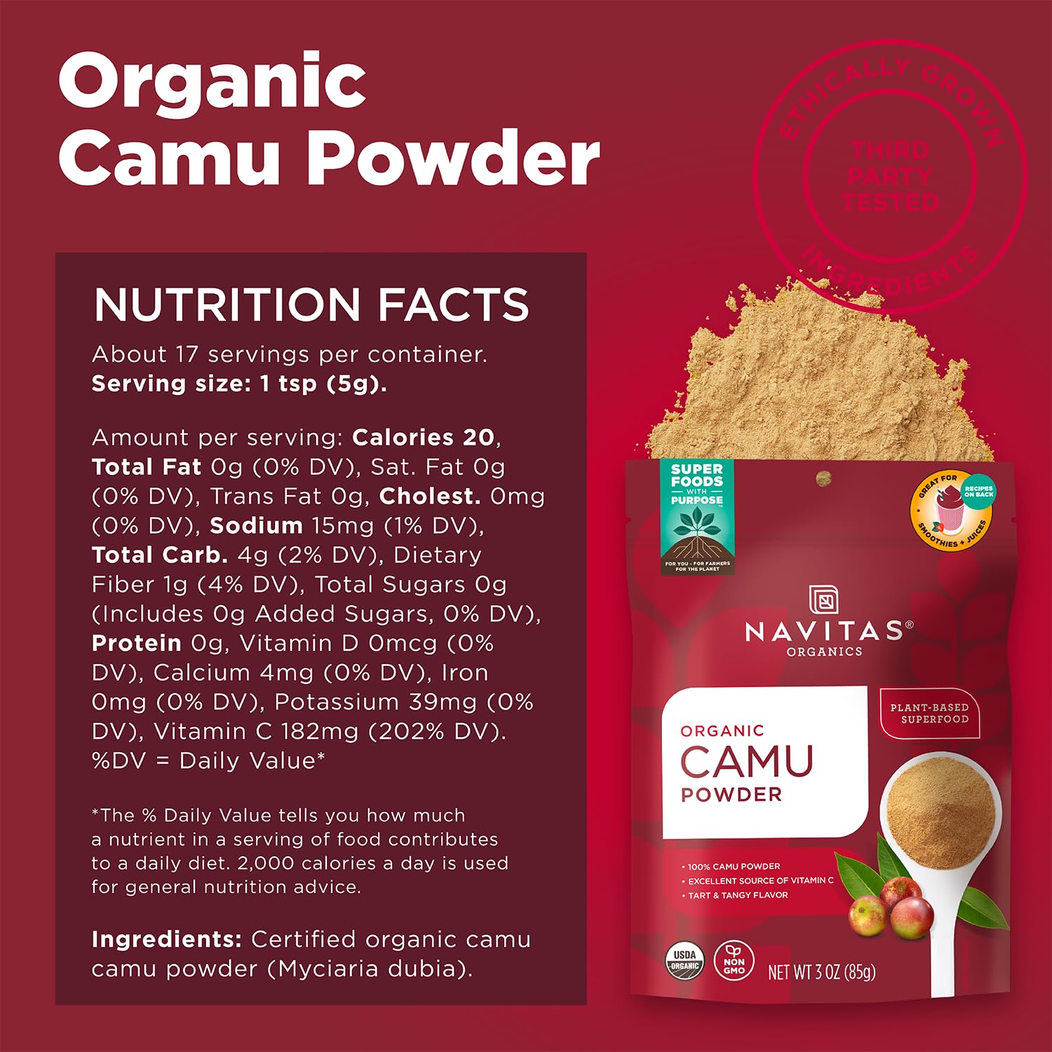 Navitas Organics camu powder blended into a smoothie showing bright color and added vitamin C