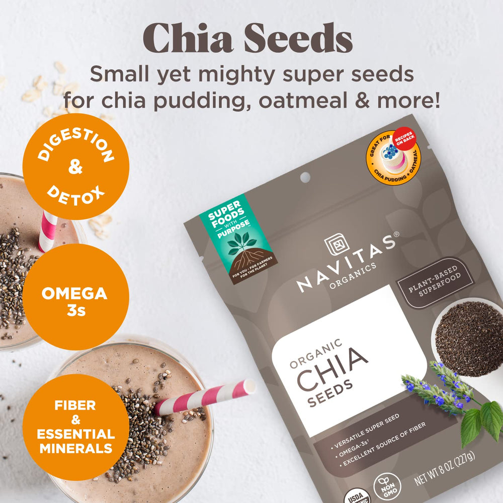Navitas Organics chia pudding in glass made with seeds showing creamy texture benefit: easy breakfast prep