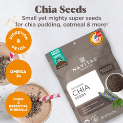 Navitas Organics chia pudding in glass made with seeds showing creamy texture benefit: easy breakfast prep