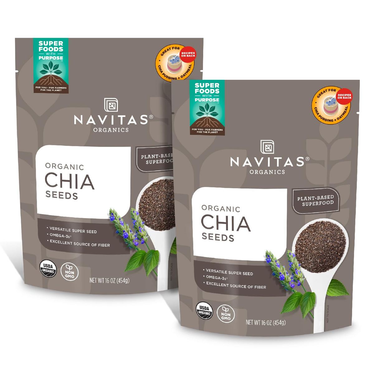 Navitas Organics front packaging showing two 16 oz bags and clear product view benefit: shelf-stable supply