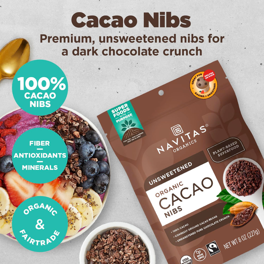 Navitas Organics close-up of raw cacao nibs texture and crunchy appearance