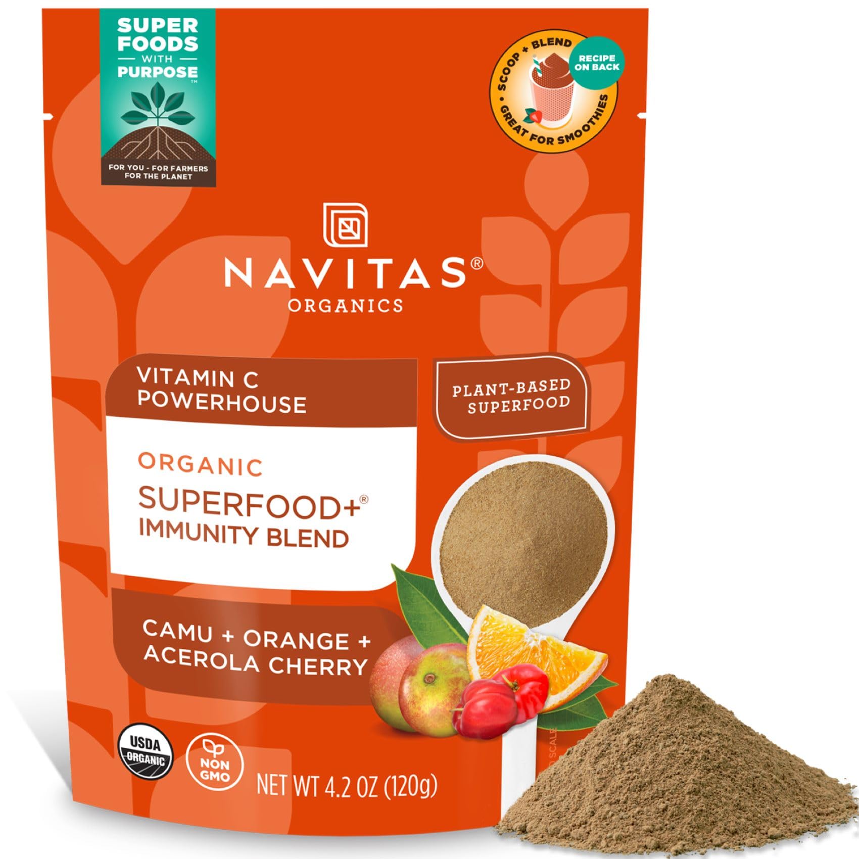 Navitas Organics front packaging showing product name and servings beneficial convenience