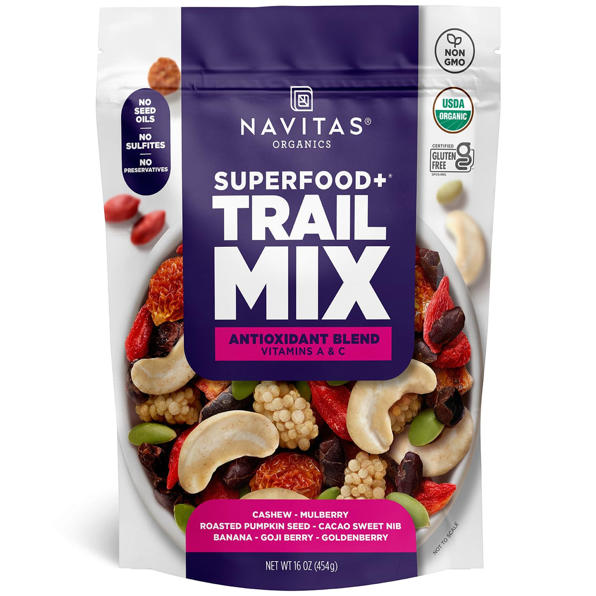Navitas Organics front packaging showing organic trail mix benefits
