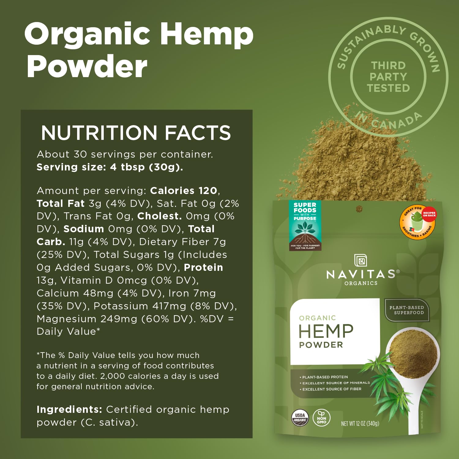 Navitas Organics scoop of hemp powder highlighting measured serving convenience