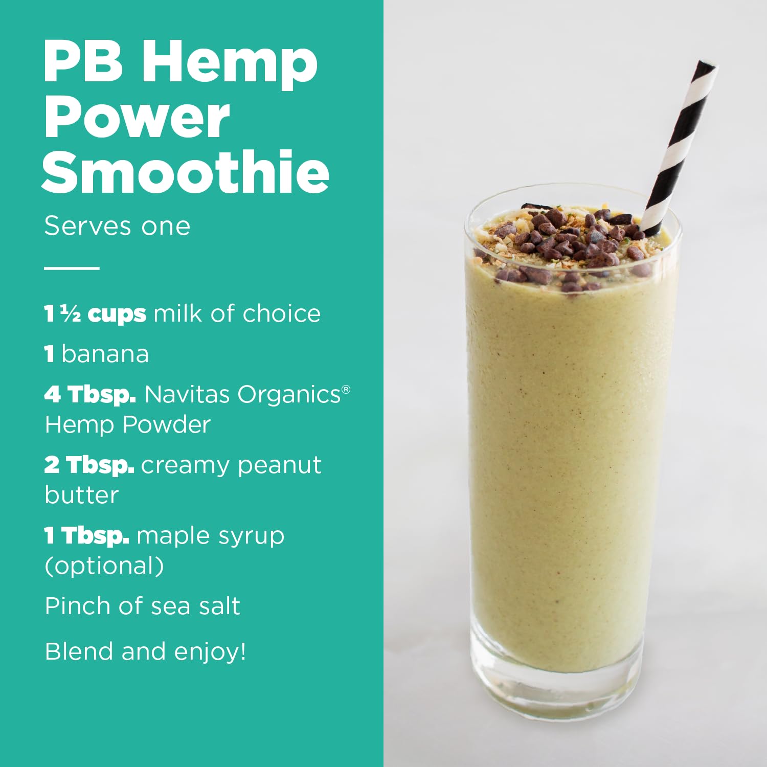 Navitas Organics powder mixed into a smoothie demonstrating creamy boost