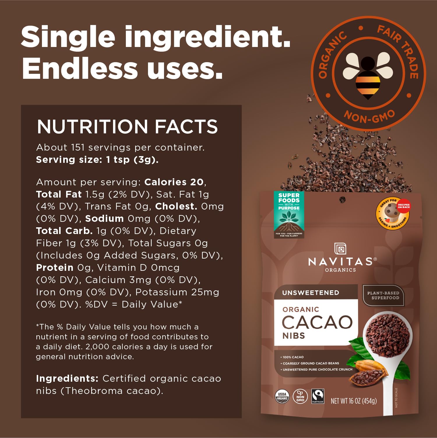 Navitas Organics cacao nibs in a bowl ready to snack for natural chocolate flavor