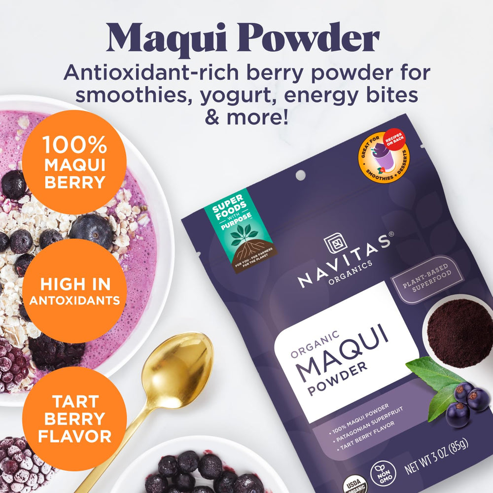 Navitas Organics maqui powder in a smoothie bowl adding vibrant color and easy serving