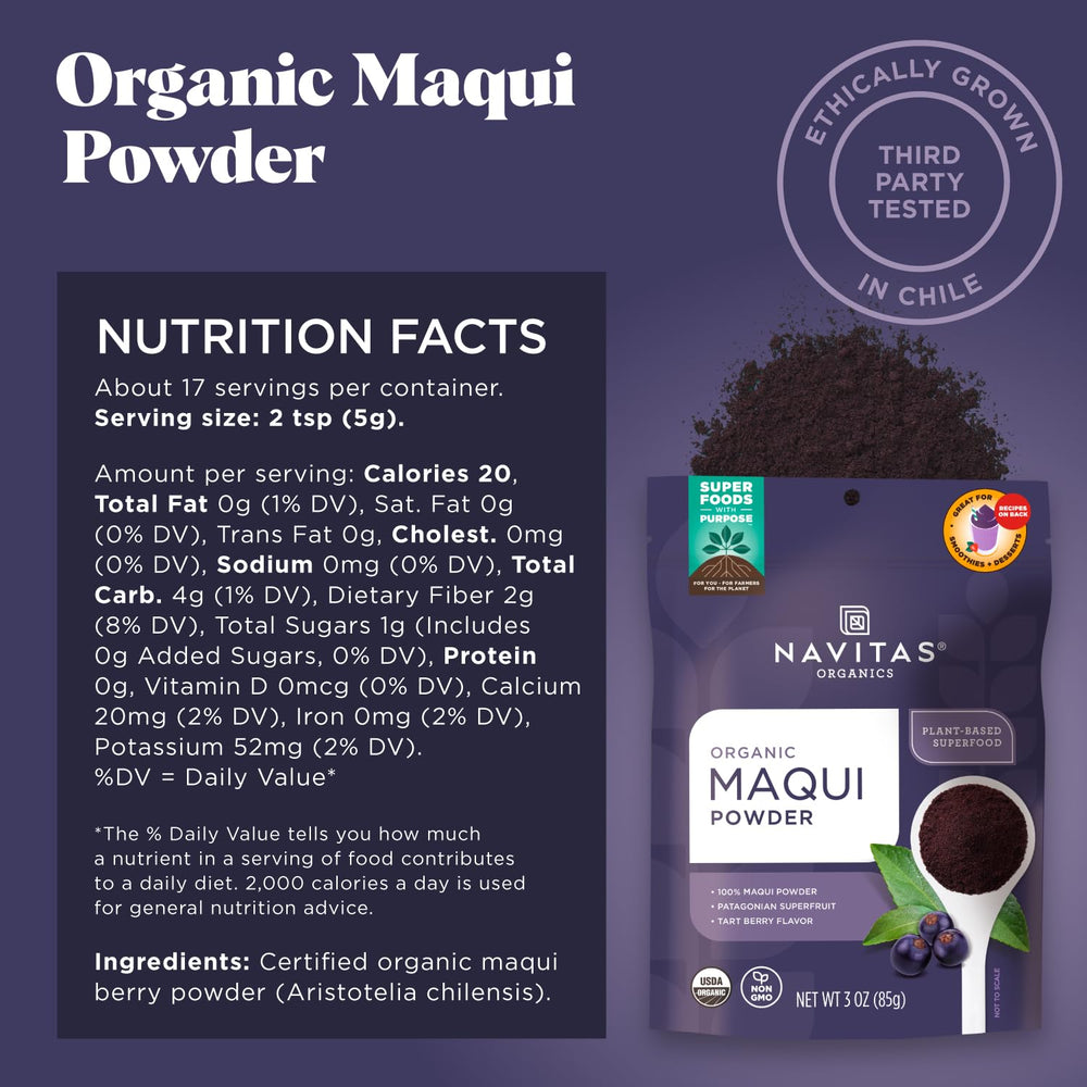 Navitas Organics maqui powder close-up showing deep purple color and fine texture benefit