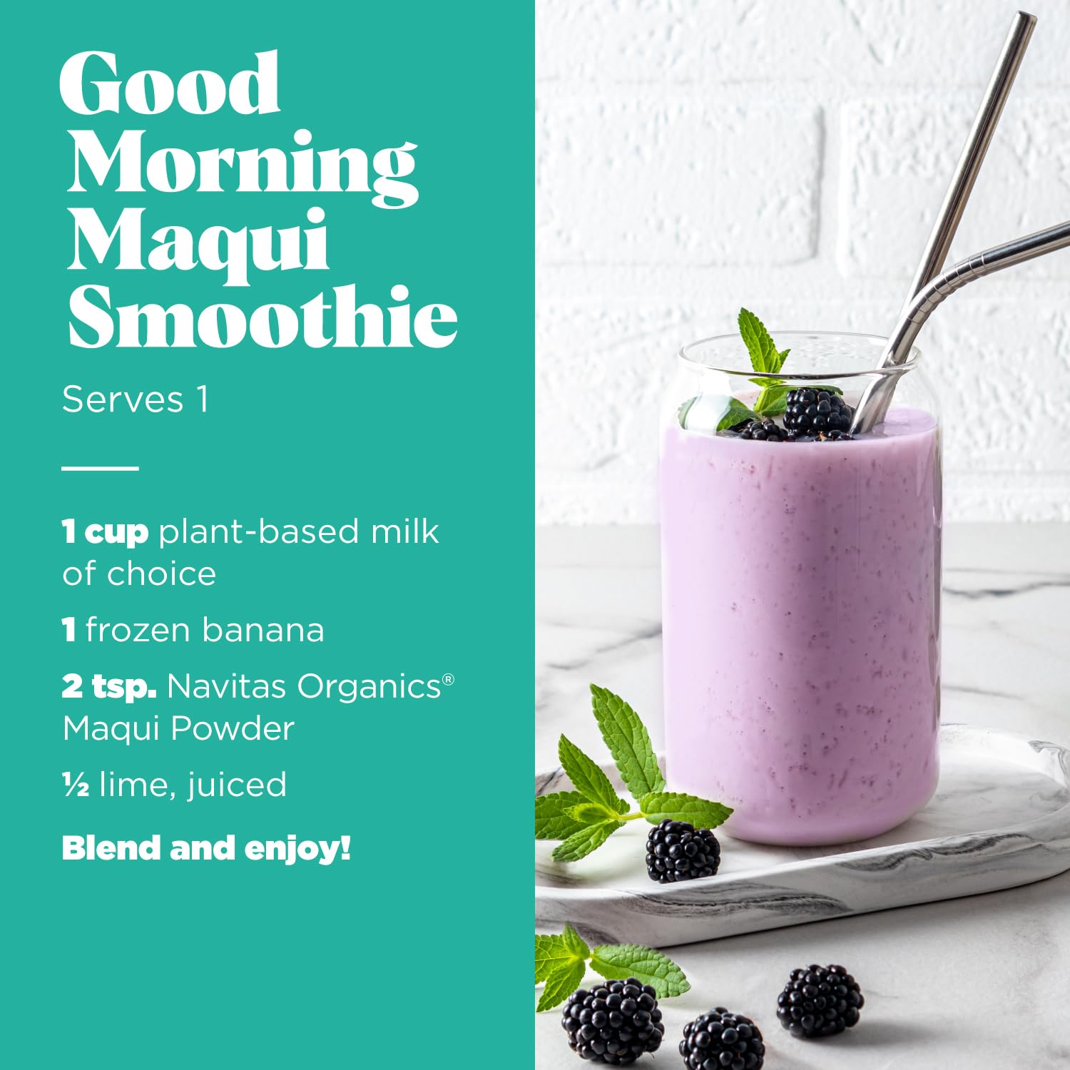 Navitas Organics maqui powder on a spoon highlighting fine texture for smooth mixing