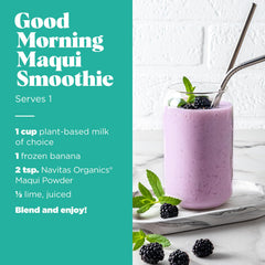 Navitas Organics maqui powder on a spoon highlighting fine texture for smooth mixing