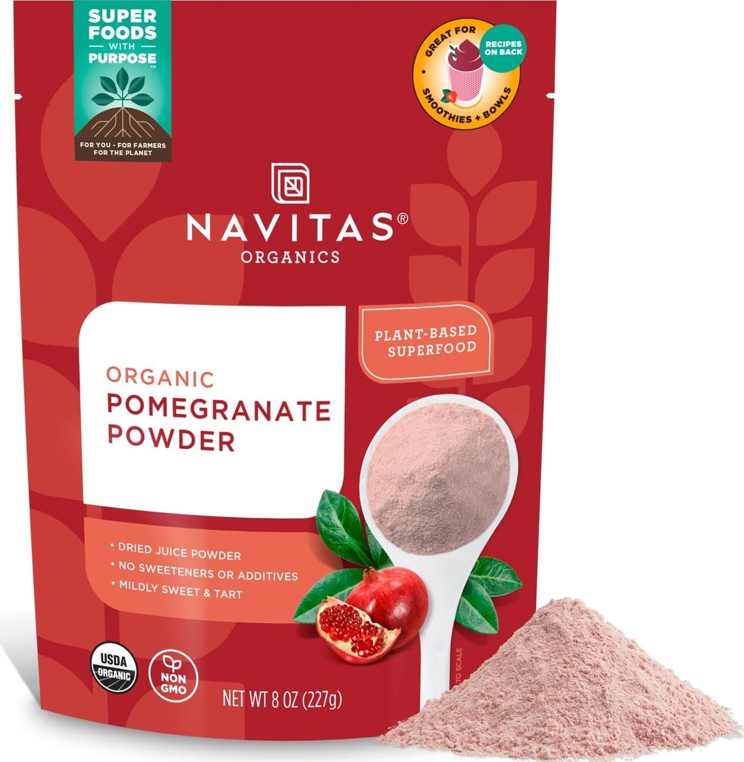 Navitas Organics front packaging showing pouch and serving suggestion benefit