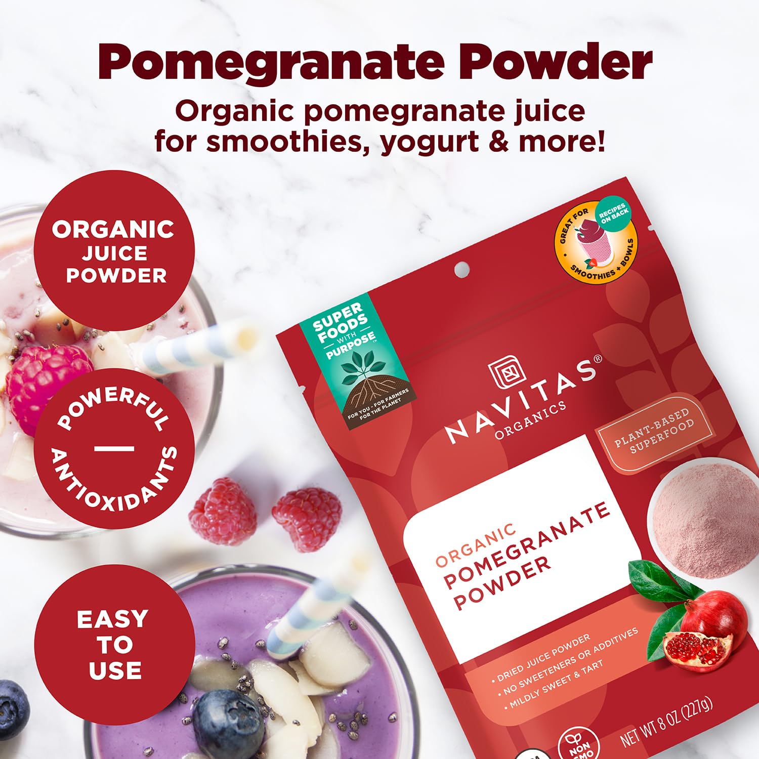 Navitas Organics powder close-up displaying fine texture and vibrant color benefit