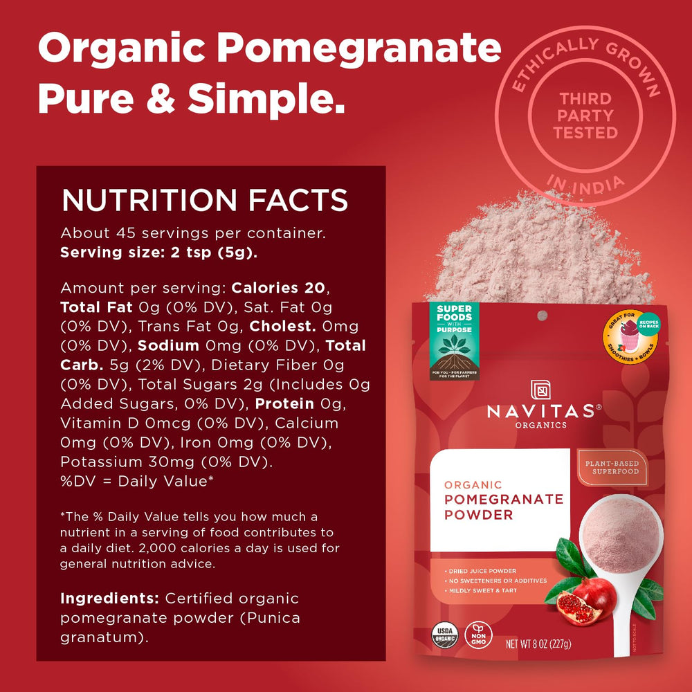 Navitas Organics spoon scoop of pomegranate powder for easy measuring benefit