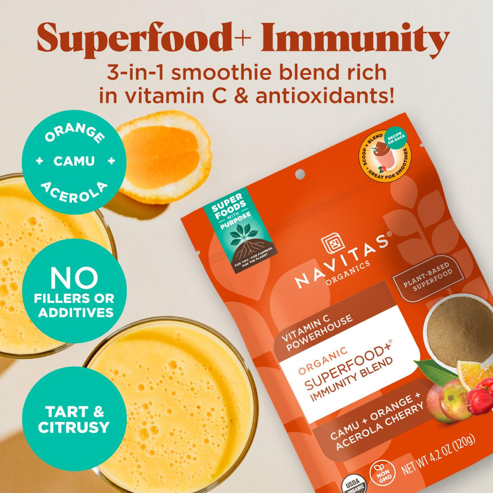 Navitas Organics scoop with powder indicating serving size and portable convenience