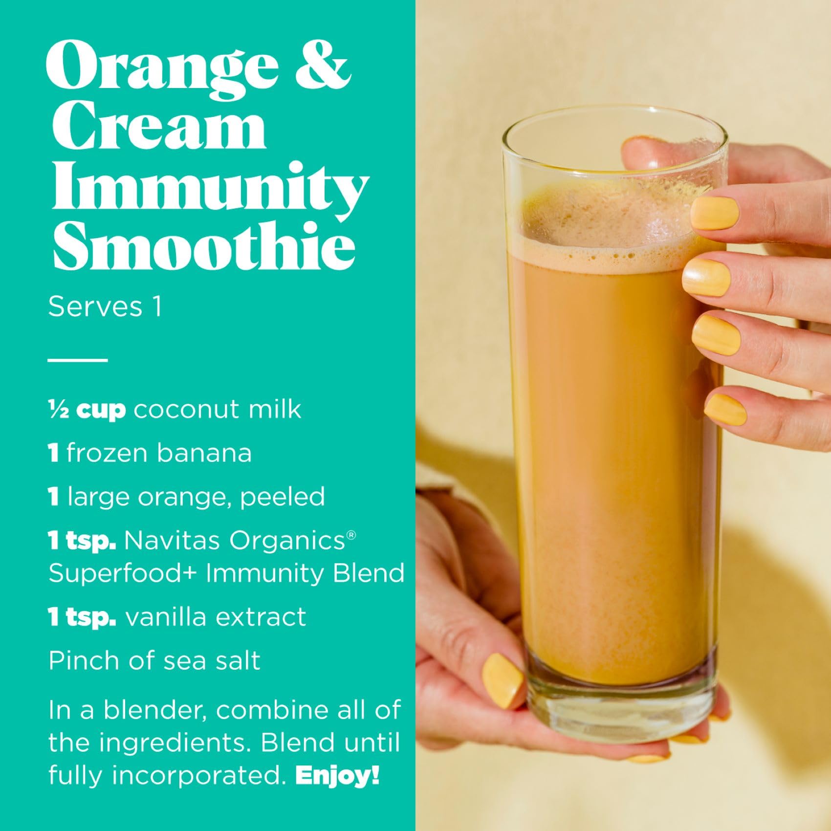 Navitas Organics blended smoothie in glass illustrating bright flavor and daily use