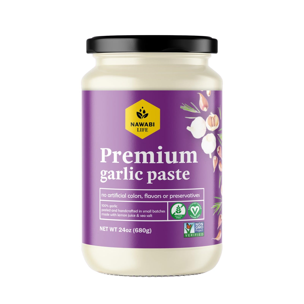 Nawabi Life front jar showing label and 24.7oz size, highlighting pure ingredients
