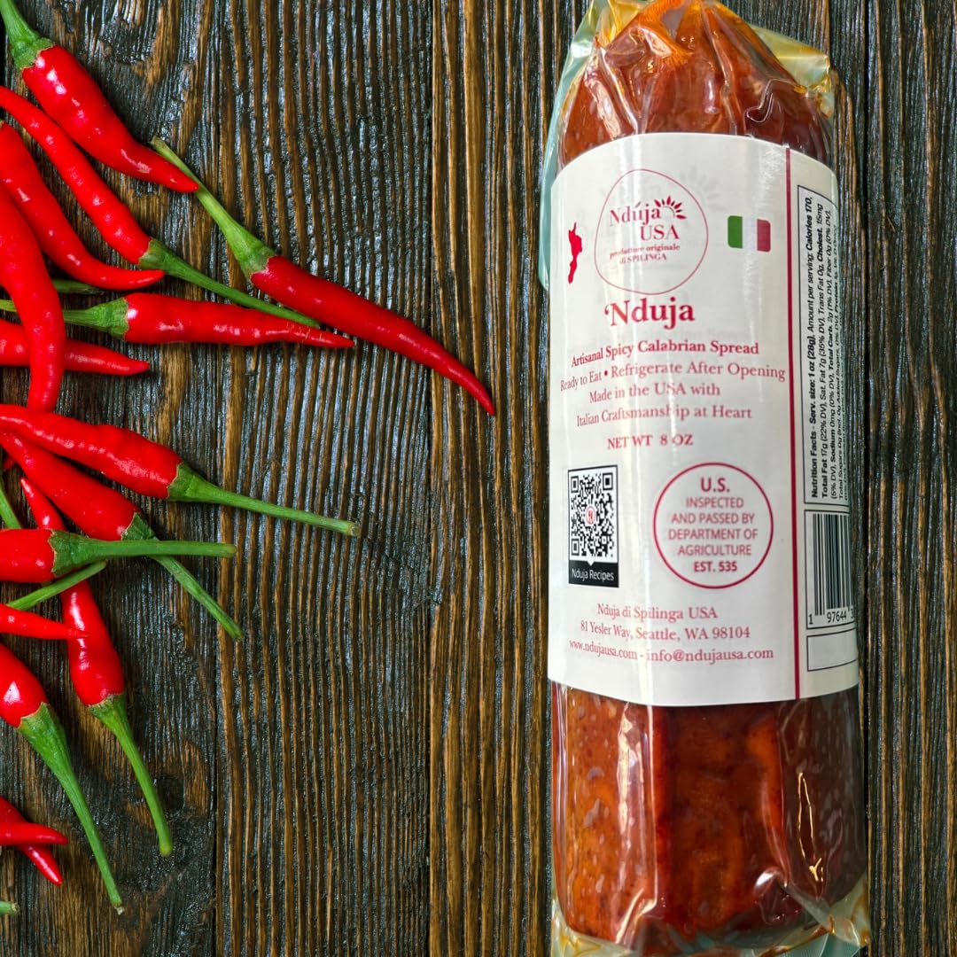 Nduja USA front packaging showing label and cylinder, highlights artisan quality