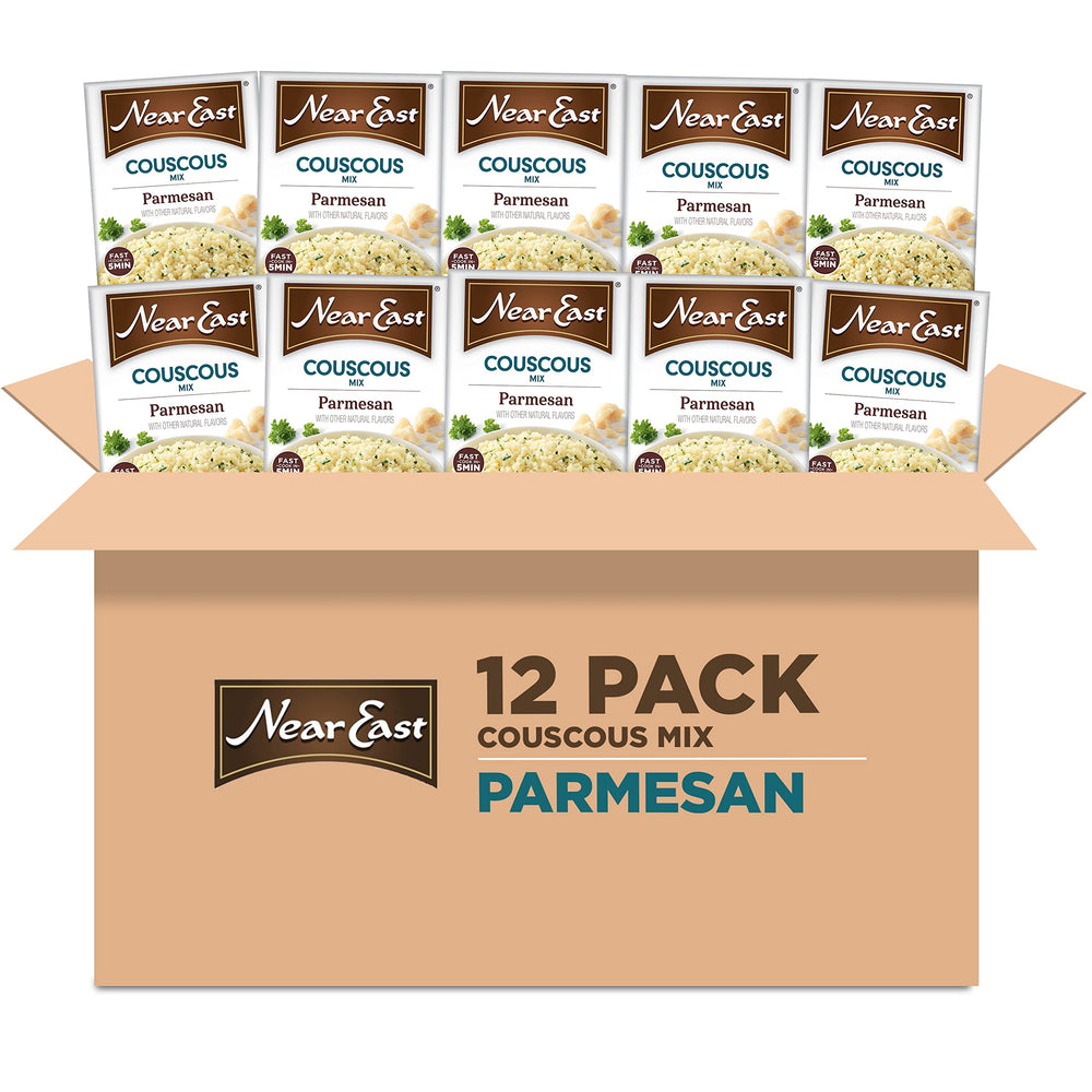 Near East box front packaging showing Parmesan couscous, quick meal benefit