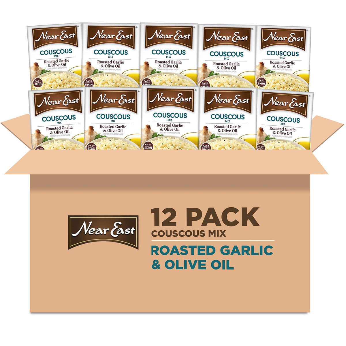 Near East front packaging showing roasted garlic olive oil flavor and quick cook benefit