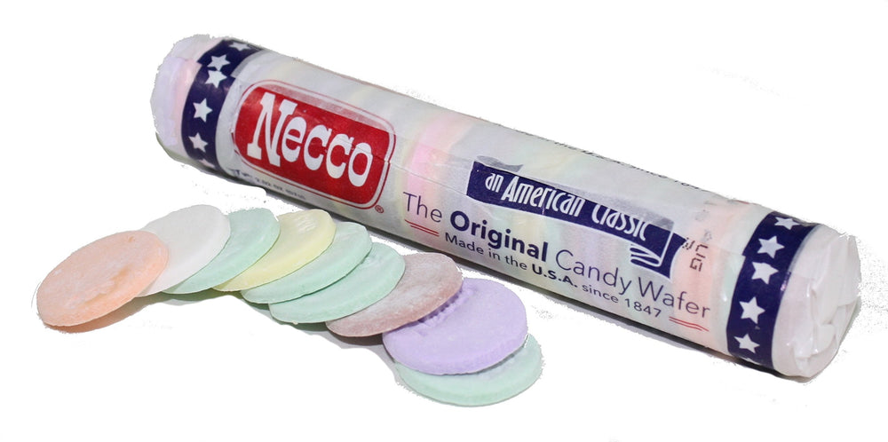 Necco assorted wafer front packaging showing full five-inch roll and fat-free benefit