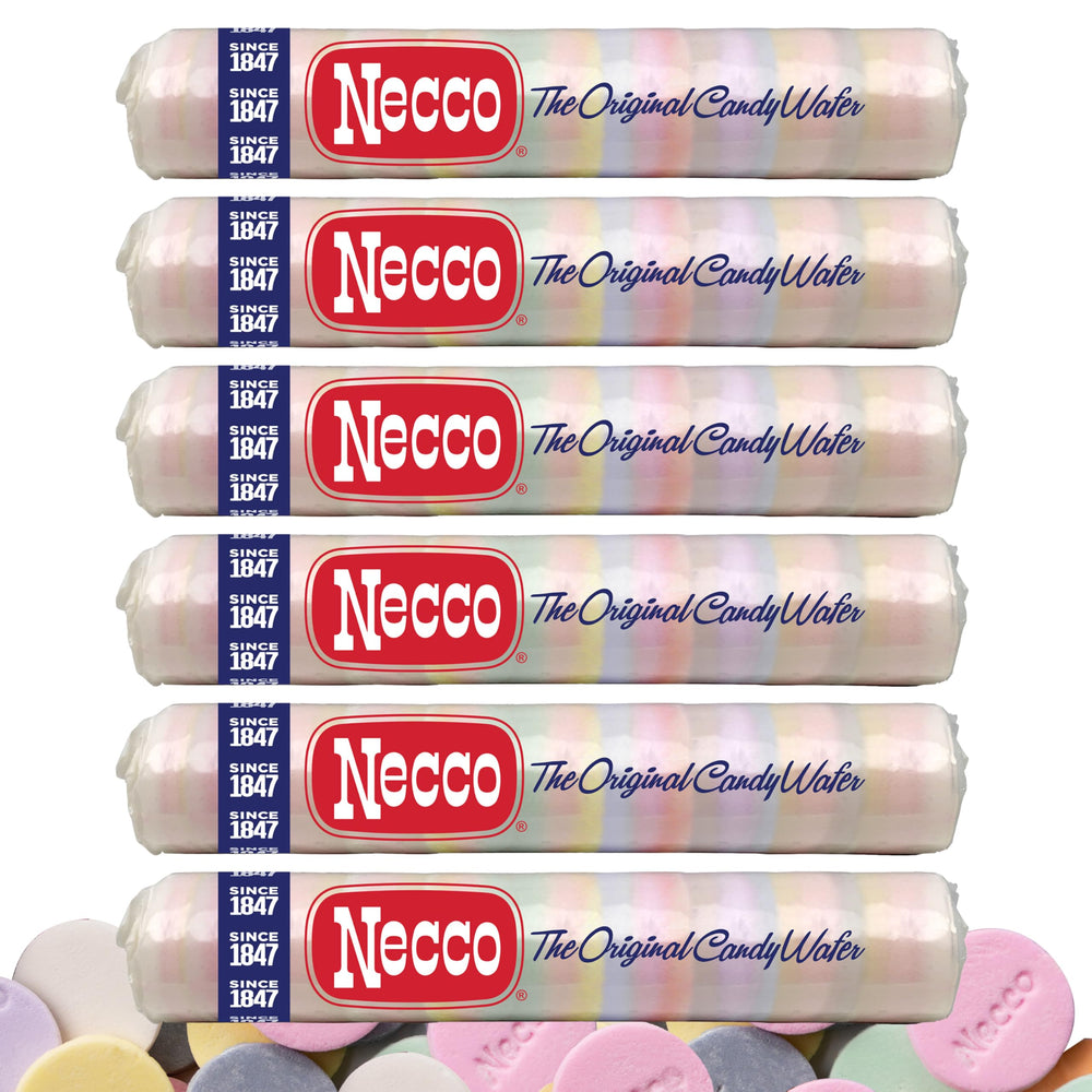 Necco wafer candy front packaging showing colorful rolls and brand appeal