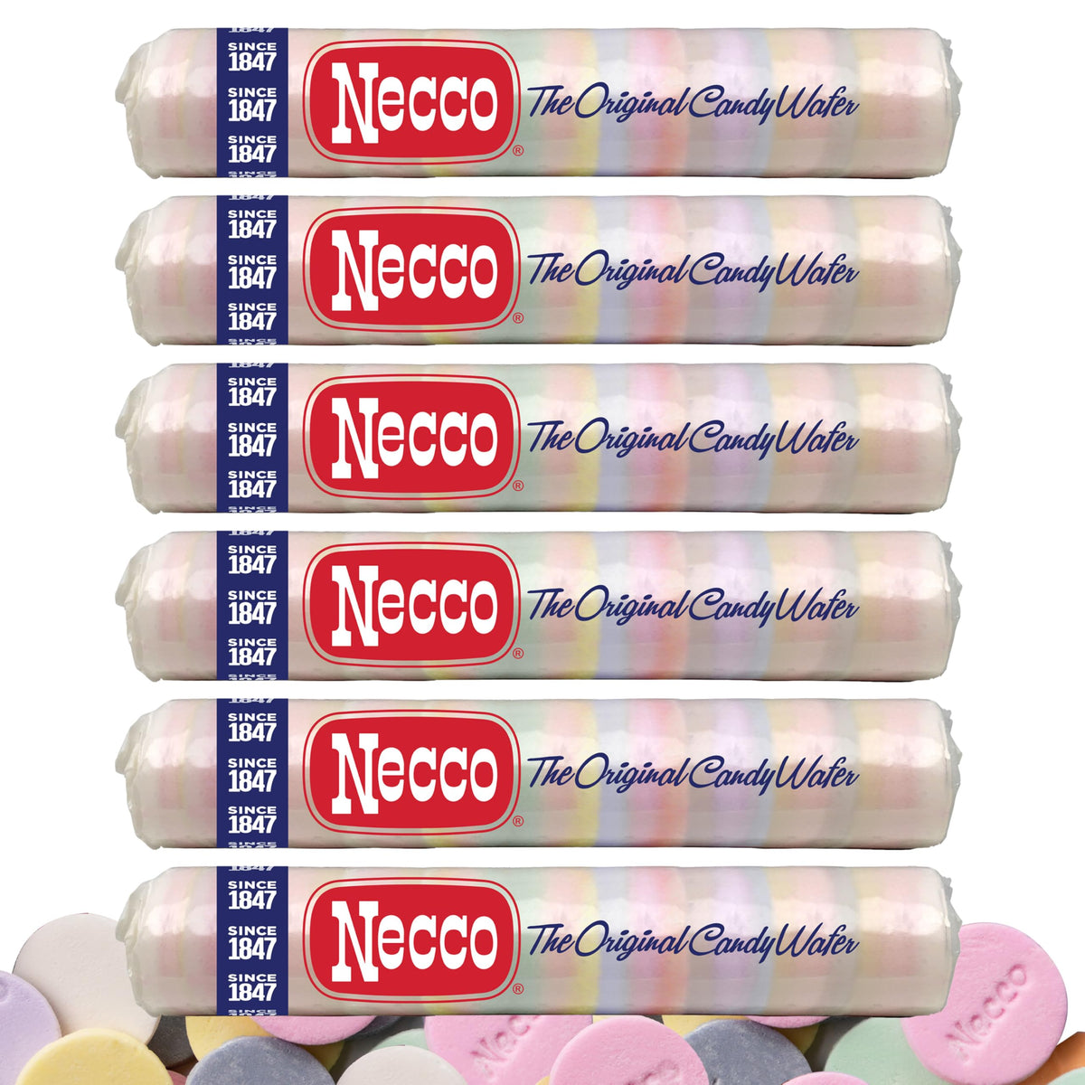 Necco wafer candy front packaging showing colorful rolls and brand appeal