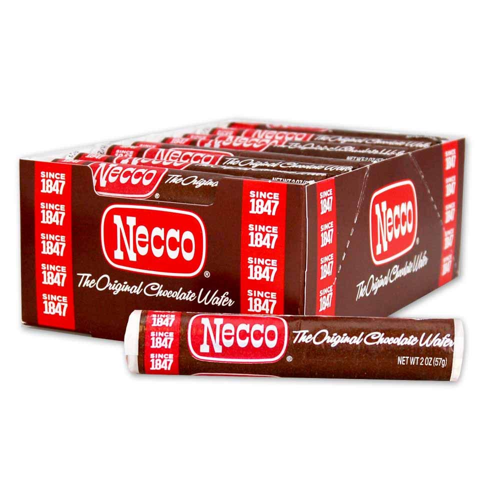 Necco front packaging showing 24 chocolate wafer rolls and vintage branding for easy retail recognition