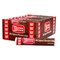 Necco front packaging showing 24 chocolate wafer rolls and vintage branding for easy retail recognition