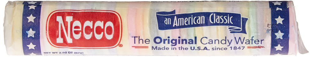 Necco front packaging showing 24-roll assortment and net weight benefit