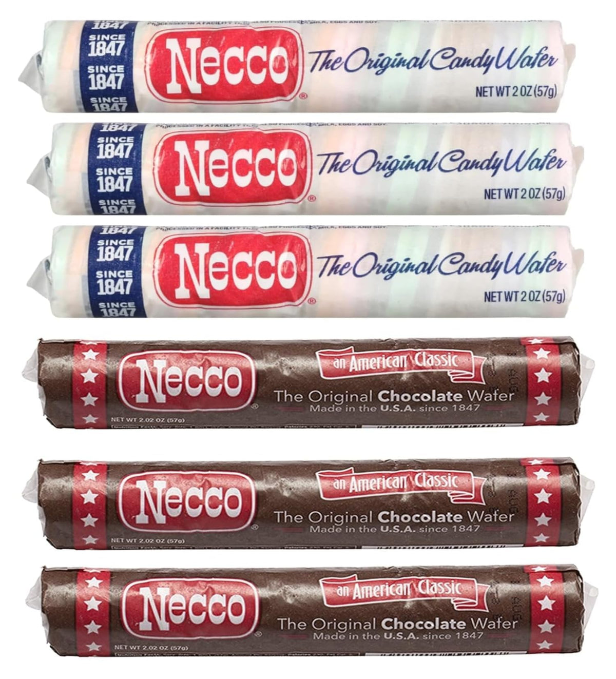 Necco front packaging showing six-roll variety pack and brand