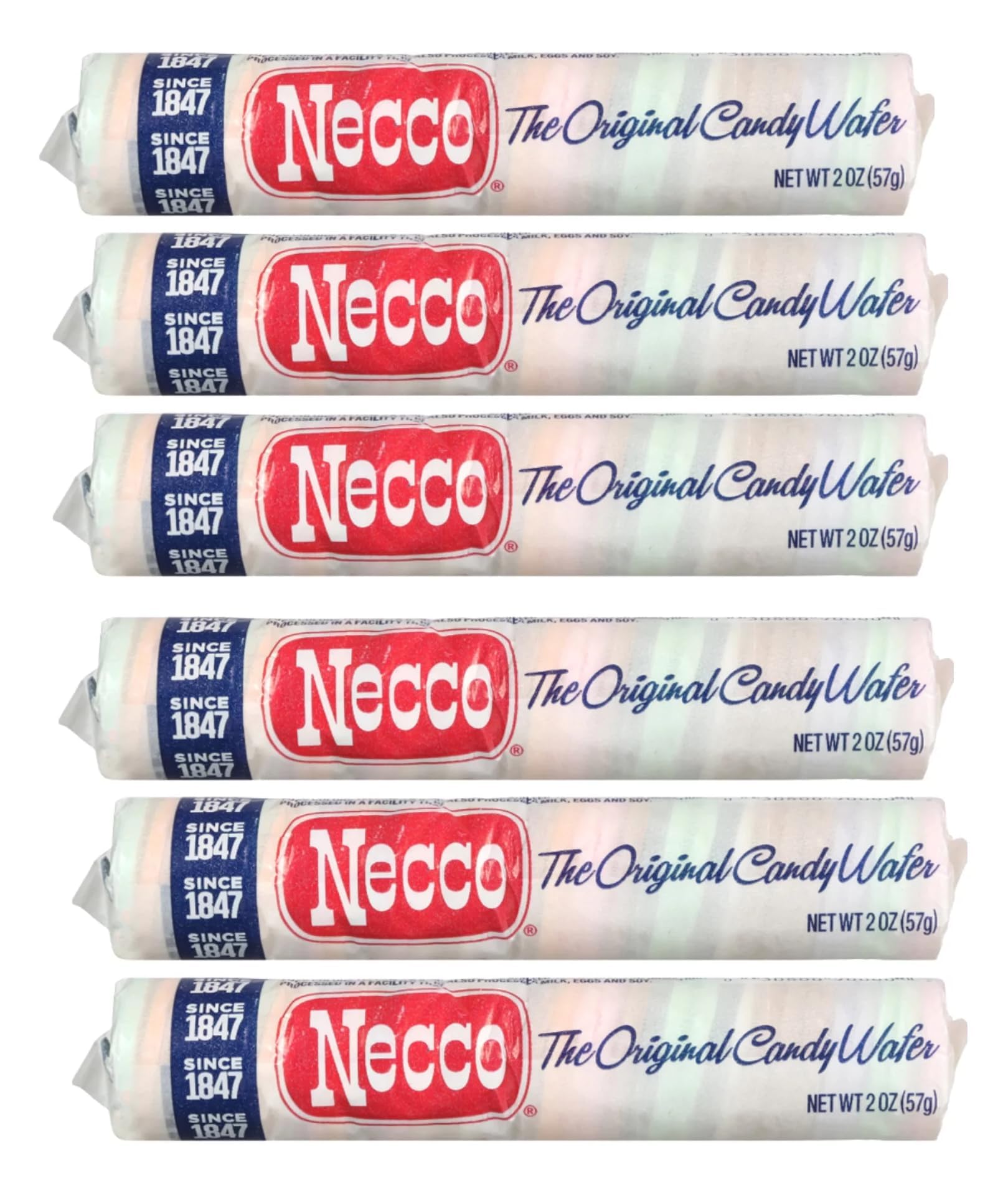 Necco front packaging showing six 2-ounce wafer rolls brand nostalgia